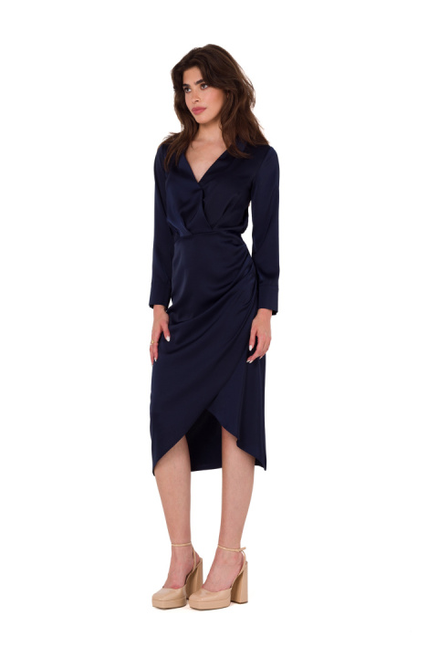 Sukienka satynowa midi elegancka dekolt V długi rękaw granatowa K172 Sukienka satynowa midi elegancka dekolt V długi rękaw granatowa K172