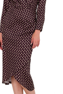 Sukienka satynowa midi kopertowy dekolt zakładki brązowa kropki m1 K176