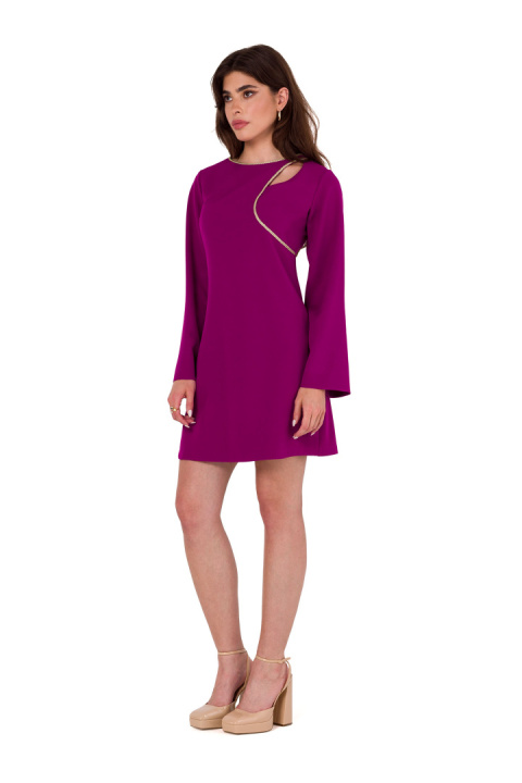 Sukienka mini elegancka łezka w dekolcie długi szeroki rękaw rubinowa K181