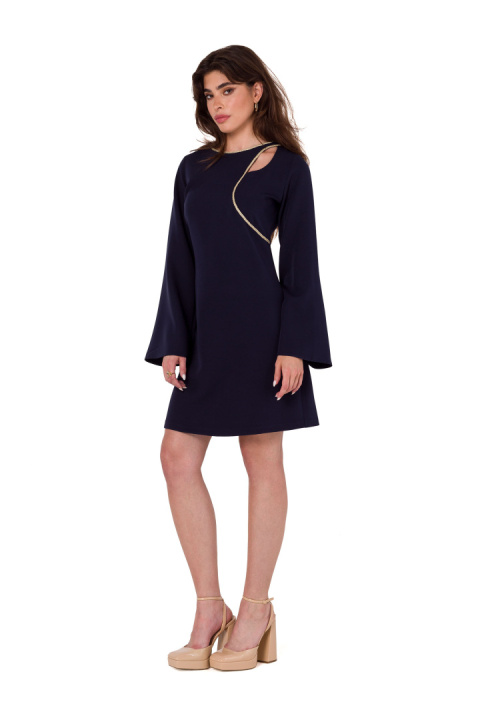 Sukienka mini elegancka łezka w dekolcie długi szeroki rękaw granatowa K181 Sukienka mini elegancka łezka w dekolcie długi szeroki rękaw granatowa K181