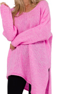 Sweter damski oversize z asymetrycznym dołem dekolt V różowy me769