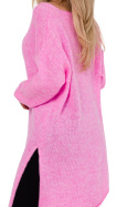 Sweter damski oversize z asymetrycznym dołem dekolt V różowy me769