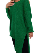 Sweter damski oversize z asymetrycznym dołem dekolt V szmaragdowy me769