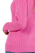 Sweter damski prążkowany z golfem długi rękaw ściągacz różowy me771