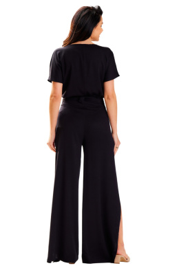 Spodnie damskie letnie z wiskozy wysoki stan szerokie nogawki czarne A589