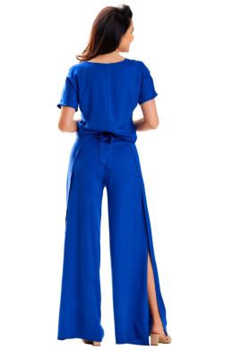 Spodnie damskie letnie z wiskozy wysoki stan szerokie nogawki niebieskie A589