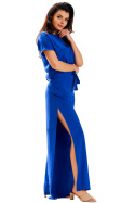 Spodnie damskie letnie z wiskozy wysoki stan szerokie nogawki niebieskie A589