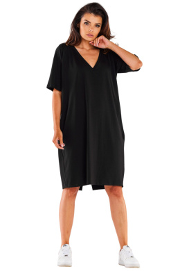 Sukienka midi oversize dzianinowa krótki rękaw dekolt V luźna czarna M303