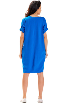 Sukienka midi oversize dzianinowa krótki rękaw dekolt V luźna niebieska M303