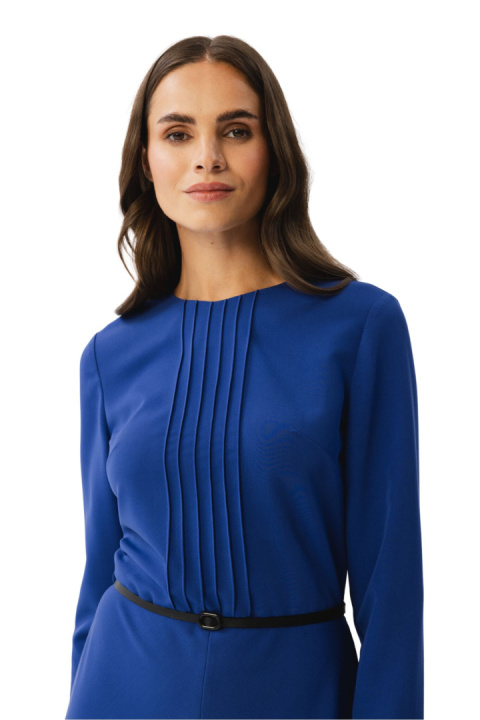 Sukienka elegancka z przeszyciami midi długi rękaw pasek chabrowa S347 Sukienka elegancka z przeszyciami midi długi rękaw pasek chabrowa S347