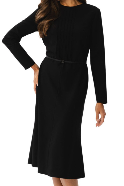Sukienka elegancka z przeszyciami midi długi rękaw pasek czarna S347 Sukienka elegancka z przeszyciami midi długi rękaw pasek czarna S347