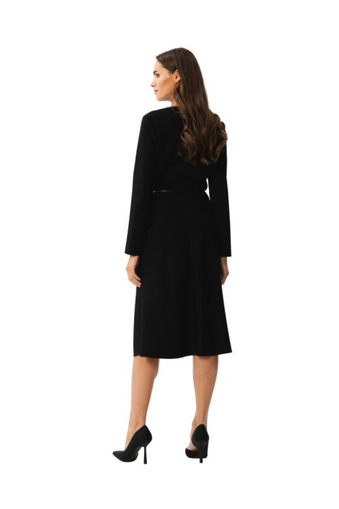 Sukienka elegancka z przeszyciami midi długi rękaw pasek czarna S347 Sukienka elegancka z przeszyciami midi długi rękaw pasek czarna S347
