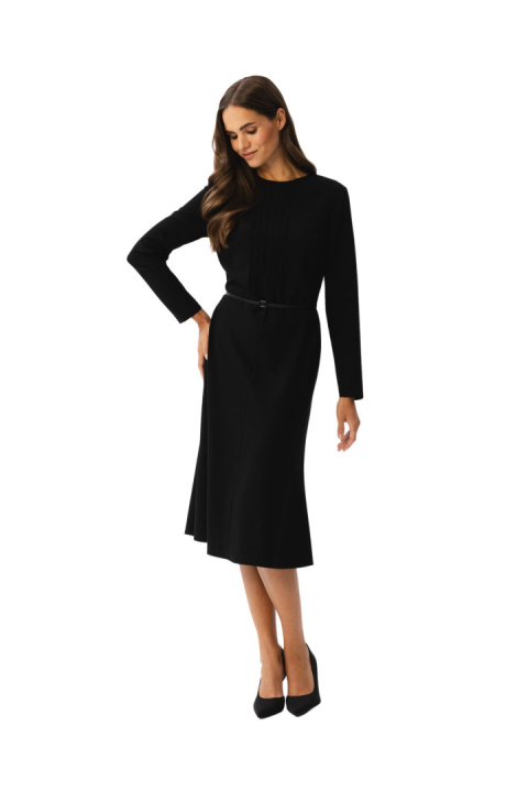 Sukienka elegancka z przeszyciami midi długi rękaw pasek czarna S347 Sukienka elegancka z przeszyciami midi długi rękaw pasek czarna S347