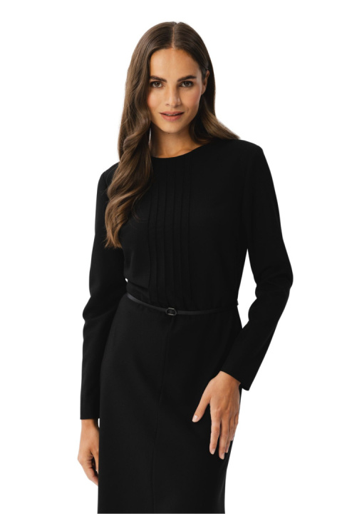 Sukienka elegancka z przeszyciami midi długi rękaw pasek czarna S347 Sukienka elegancka z przeszyciami midi długi rękaw pasek czarna S347