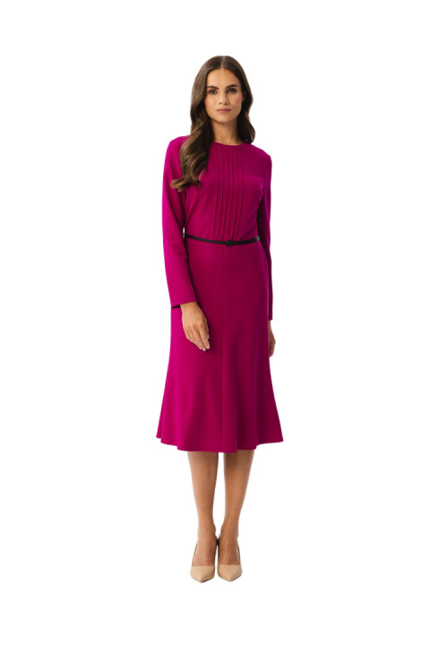 Sukienka elegancka z przeszyciami midi długi rękaw pasek śliwkowa S347 Sukienka elegancka z przeszyciami midi długi rękaw pasek śliwkowa S347
