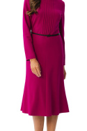 Sukienka elegancka z przeszyciami midi długi rękaw pasek śliwkowa S347