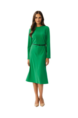 Sukienka elegancka z przeszyciami midi długi rękaw pasek zielona S347