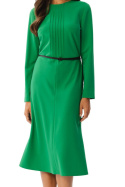 Sukienka elegancka z przeszyciami midi długi rękaw pasek zielona S347