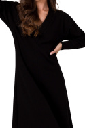 Sukienka maxi dzianinowa rozkloszowana dekolt V długi rękaw czarna B267