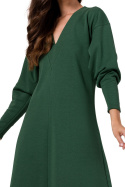 Sukienka maxi dzianinowa rozkloszowana dekolt V długi rękaw zielona B267