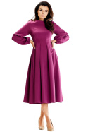 Elegancka sukienka midi rozkloszowana z długim rękawem śliwkowa A595