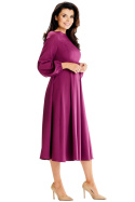 Elegancka sukienka midi rozkloszowana z długim rękawem śliwkowa A595