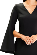 Sukienka midi dopasowana z długim rozciętym rękawem dekolt V czarna A596