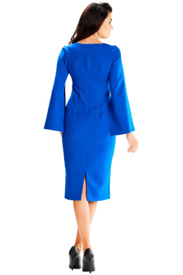 Sukienka midi dopasowana z długim rozciętym rękawem dekolt V niebieska A596