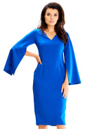 Sukienka midi dopasowana z długim rozciętym rękawem dekolt V niebieska A596