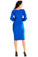 Elegancka sukienka midi dopasowana z długim rękawem z bufkami niebieska A597