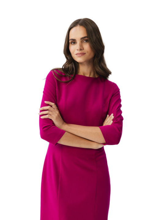 Sukienka ołówkowa midi elegancka z rozcięciem rękaw 3/4 śliwkowa S350 Sukienka ołówkowa midi elegancka z rozcięciem rękaw 3/4 śliwkowa S350