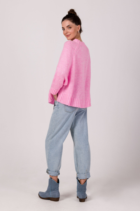 Sweter damski oversize nietoperzowe rękawy gruby splot różowy BK105 Sweter damski oversize nietoperzowe rękawy gruby splot różowy BK105
