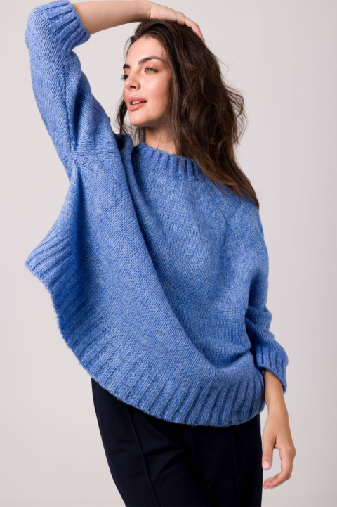 Sweter damski oversize nietoperzowe rękawy gruby splot lazurowy BK105 Sweter damski oversize nietoperzowe rękawy gruby splot lazurowy BK105