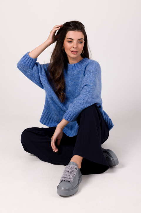 Sweter damski oversize nietoperzowe rękawy gruby splot lazurowy BK105 Sweter damski oversize nietoperzowe rękawy gruby splot lazurowy BK105