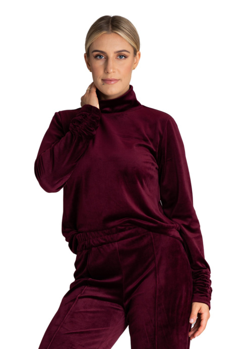 Bluza damska welurowa z golfem długie rękawy z marszczeniem bordowa M967 Bluza damska welurowa z golfem długie rękawy z marszczeniem bordowa M967