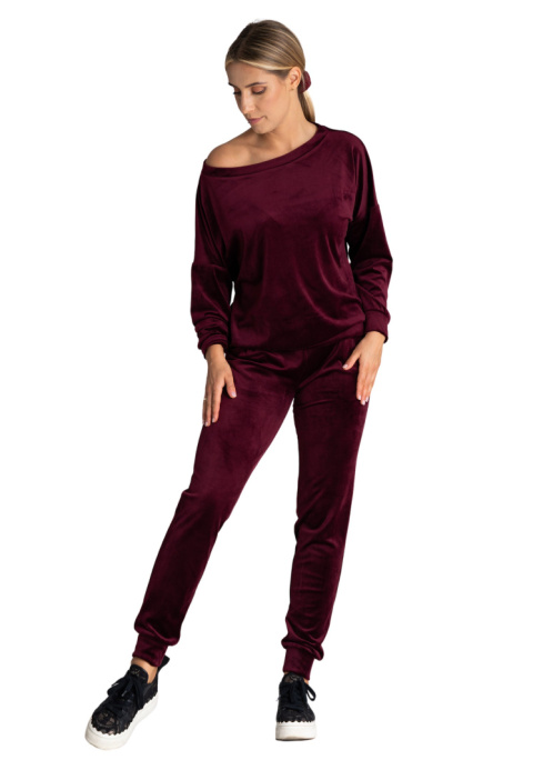 Bluza damska welurowa oversize szeroki dekolt w łódkę bordowa M968 Bluza damska welurowa oversize szeroki dekolt w łódkę bordowa M968