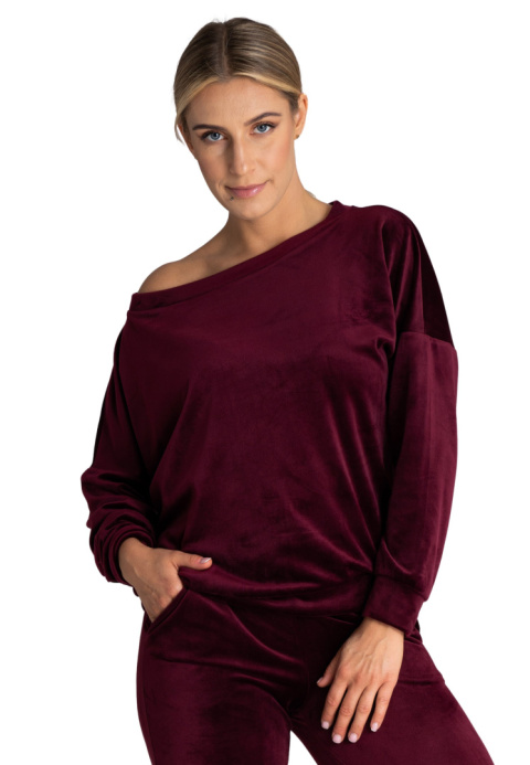 Bluza damska welurowa oversize szeroki dekolt w łódkę bordowa M968 Bluza damska welurowa oversize szeroki dekolt w łódkę bordowa M968