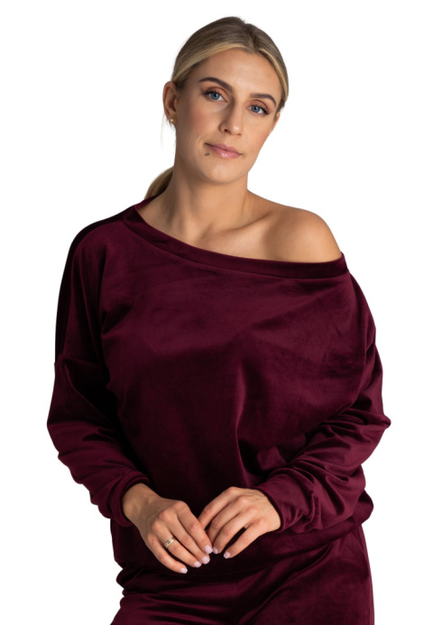 Bluza damska welurowa oversize szeroki dekolt w łódkę bordowa M968 Bluza damska welurowa oversize szeroki dekolt w łódkę bordowa M968