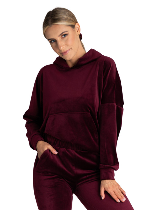 Bluza damska welurowa z luźnym kapturem kieszeń kangurka bordowa M969 Bluza damska welurowa z luźnym kapturem kieszeń kangurka bordowa M969