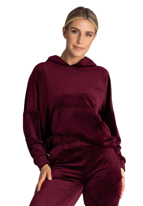 Bluza damska welurowa z luźnym kapturem kieszeń kangurka bordowa M969 Bluza damska welurowa z luźnym kapturem kieszeń kangurka bordowa M969