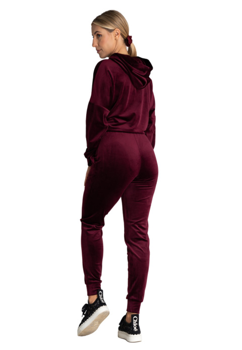 Bluza damska welurowa z luźnym kapturem kieszeń kangurka bordowa M969 Bluza damska welurowa z luźnym kapturem kieszeń kangurka bordowa M969