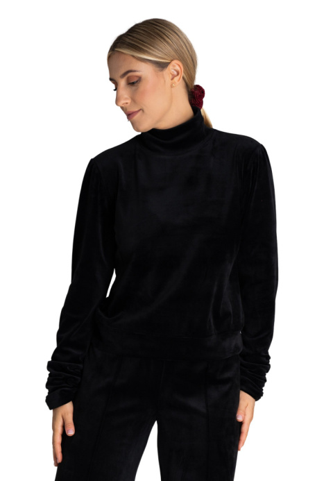 Bluza damska welurowa z golfem długie rękawy z marszczeniem czarna M967 Bluza damska welurowa z golfem długie rękawy z marszczeniem czarna M967