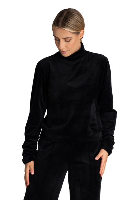 Bluza damska welurowa z golfem długie rękawy z marszczeniem czarna M967 Bluza damska welurowa z golfem długie rękawy z marszczeniem czarna M967