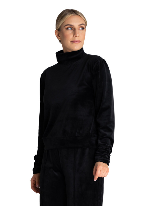Bluza damska welurowa z golfem długie rękawy z marszczeniem czarna M967 Bluza damska welurowa z golfem długie rękawy z marszczeniem czarna M967