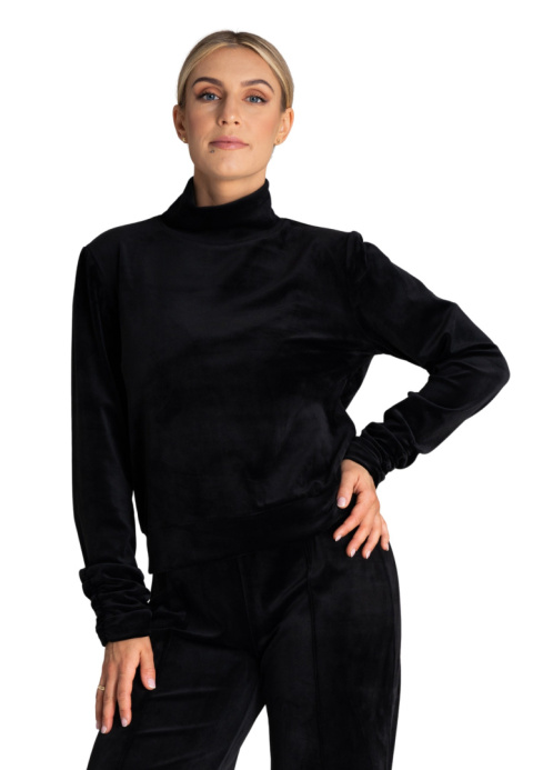 Bluza damska welurowa z golfem długie rękawy z marszczeniem czarna M967 Bluza damska welurowa z golfem długie rękawy z marszczeniem czarna M967
