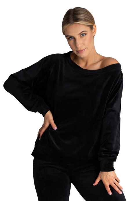 Bluza damska welurowa oversize szeroki dekolt w łódkę czarna M968 Bluza damska welurowa oversize szeroki dekolt w łódkę czarna M968
