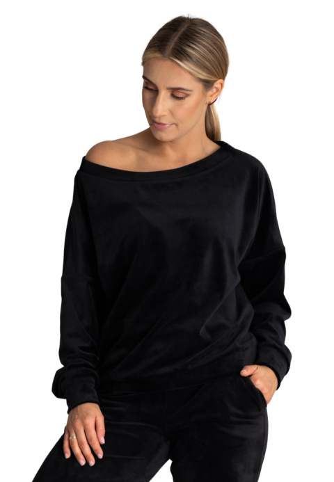 Bluza damska welurowa oversize szeroki dekolt w łódkę czarna M968 Bluza damska welurowa oversize szeroki dekolt w łódkę czarna M968