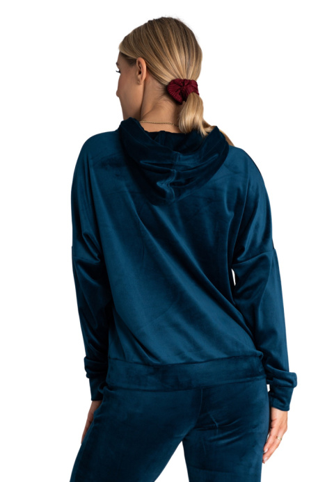 Bluza damska welurowa z luźnym kapturem kieszeń kangurka morska M969 Bluza damska welurowa z luźnym kapturem kieszeń kangurka morska M969
