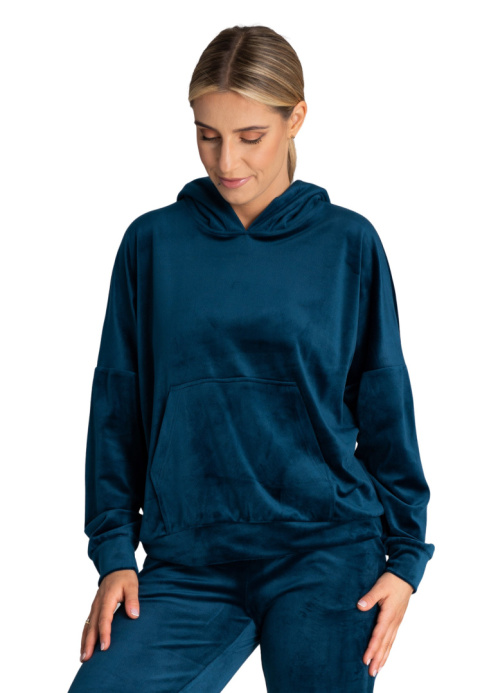 Bluza damska welurowa z luźnym kapturem kieszeń kangurka morska M969 Bluza damska welurowa z luźnym kapturem kieszeń kangurka morska M969