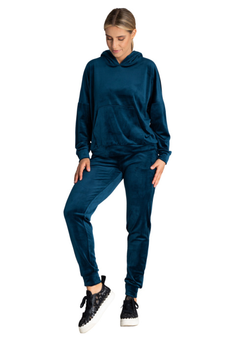 Bluza damska welurowa z luźnym kapturem kieszeń kangurka morska M969 Bluza damska welurowa z luźnym kapturem kieszeń kangurka morska M969